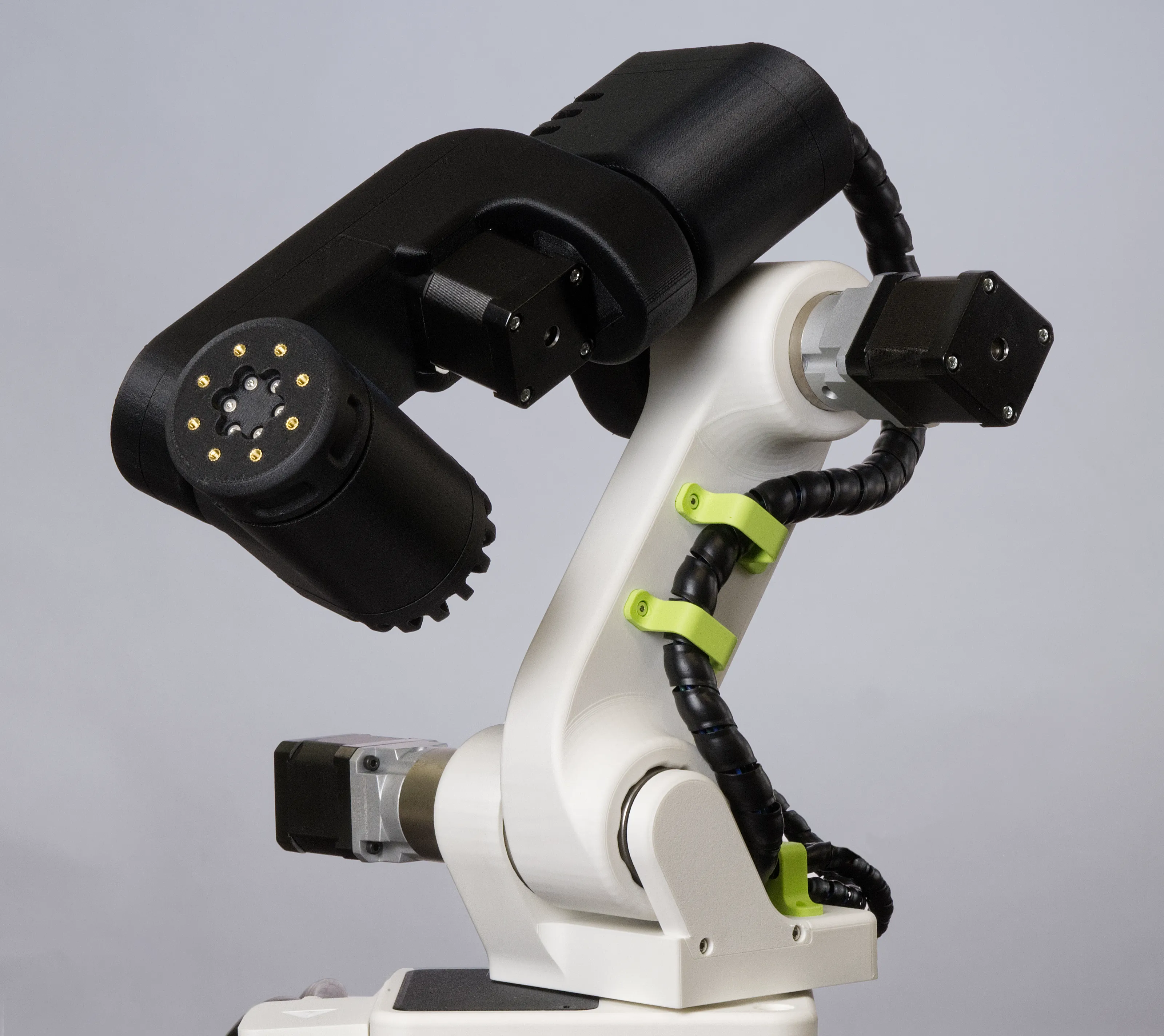A photo of the 3D-printed robot GK-RA, three-quarter angle view.