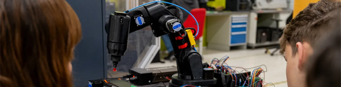 Two students working on the Proto-GK-RA robot inside university's laboratory.